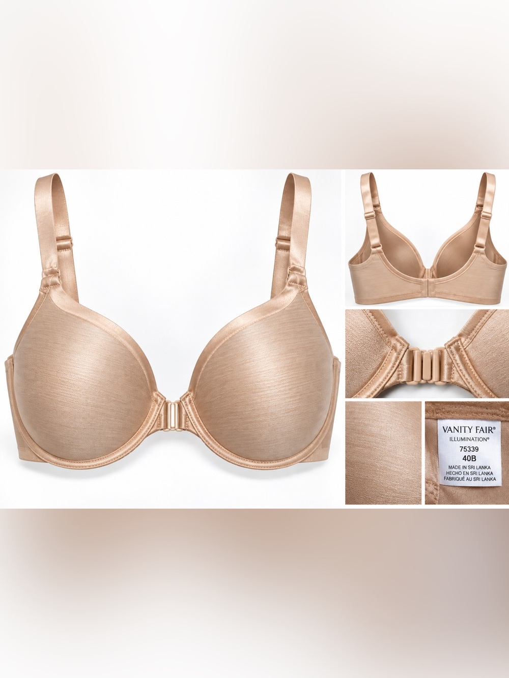 NWOT Vanity Fair Illumination® Bra 75339 Front Closure Underwire Beige/Nude 40B